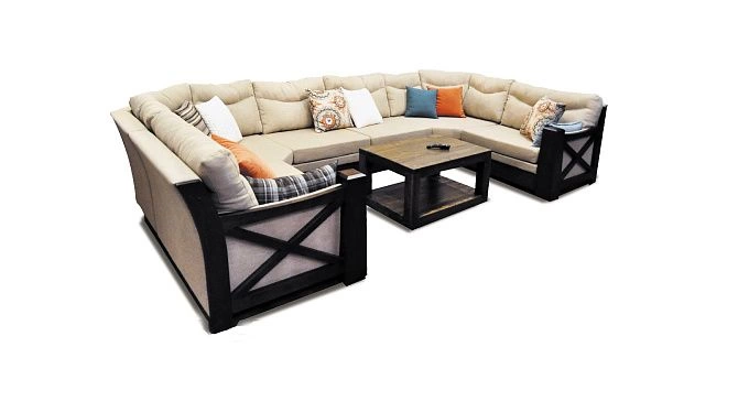 П-образный диван "Эхидо" с обрамлением из массива дерева, в стиле шале, для гостиной, зала, у производителя ООО Фокси крафт Беларусь