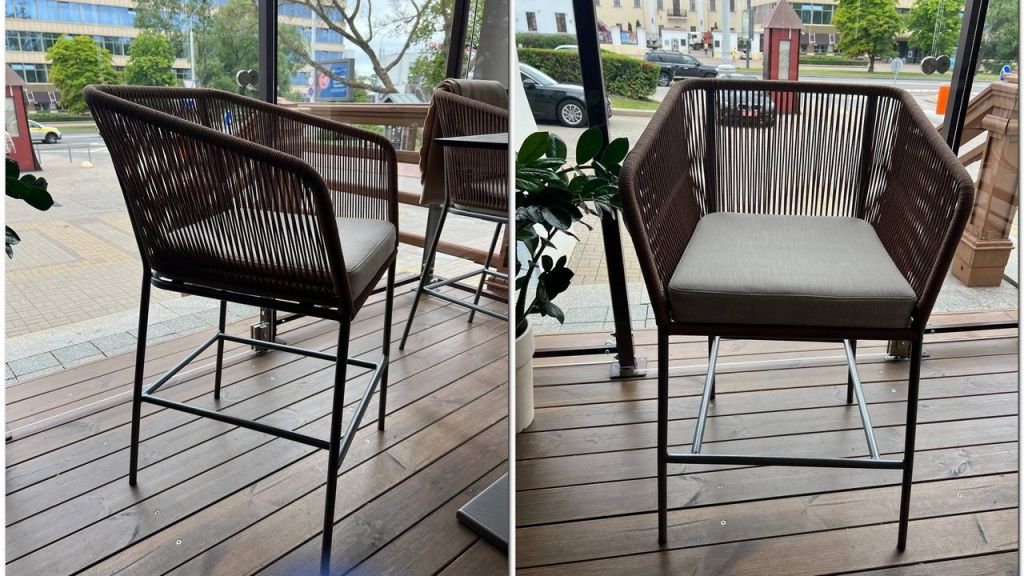 Плетеный барный стул Ирис из синтетического шнура от ФИЛИНИ МЕБЕЛЬ на террасу летнего кафе или веранду ресторана